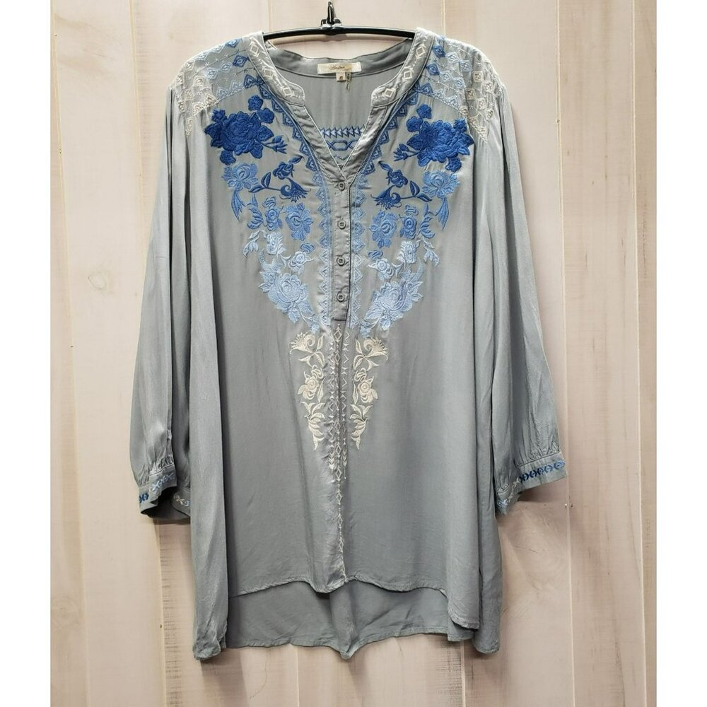 Andree by Unit Embroidered Gray Tunic Blouse, Plus 2X, rayon peasant boho